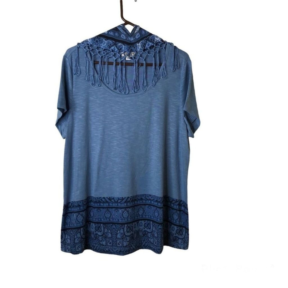 One World Sz XL Womens Live And Let Live Short Sleeve T Shirt Blue Fringe Scarf